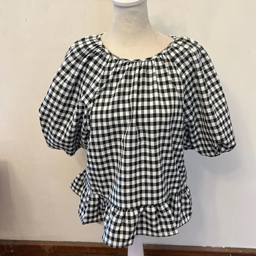Topshop black white gingham puff sleeve cut out back blouse Size 8 NWOT - Picture 1 of 9